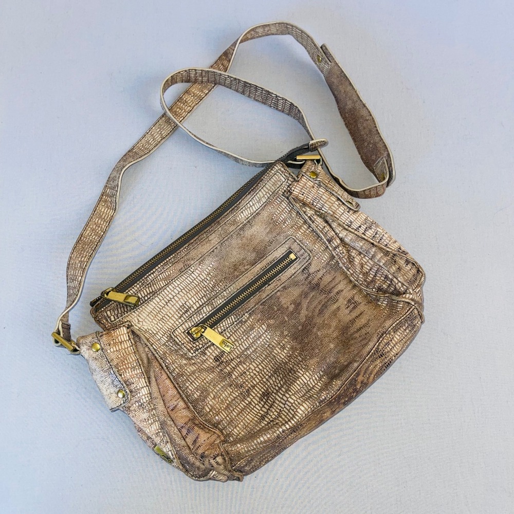Kooba Crossbody Bag Snakeskin Embossed Leather Metallic Bronze Gold Hardware